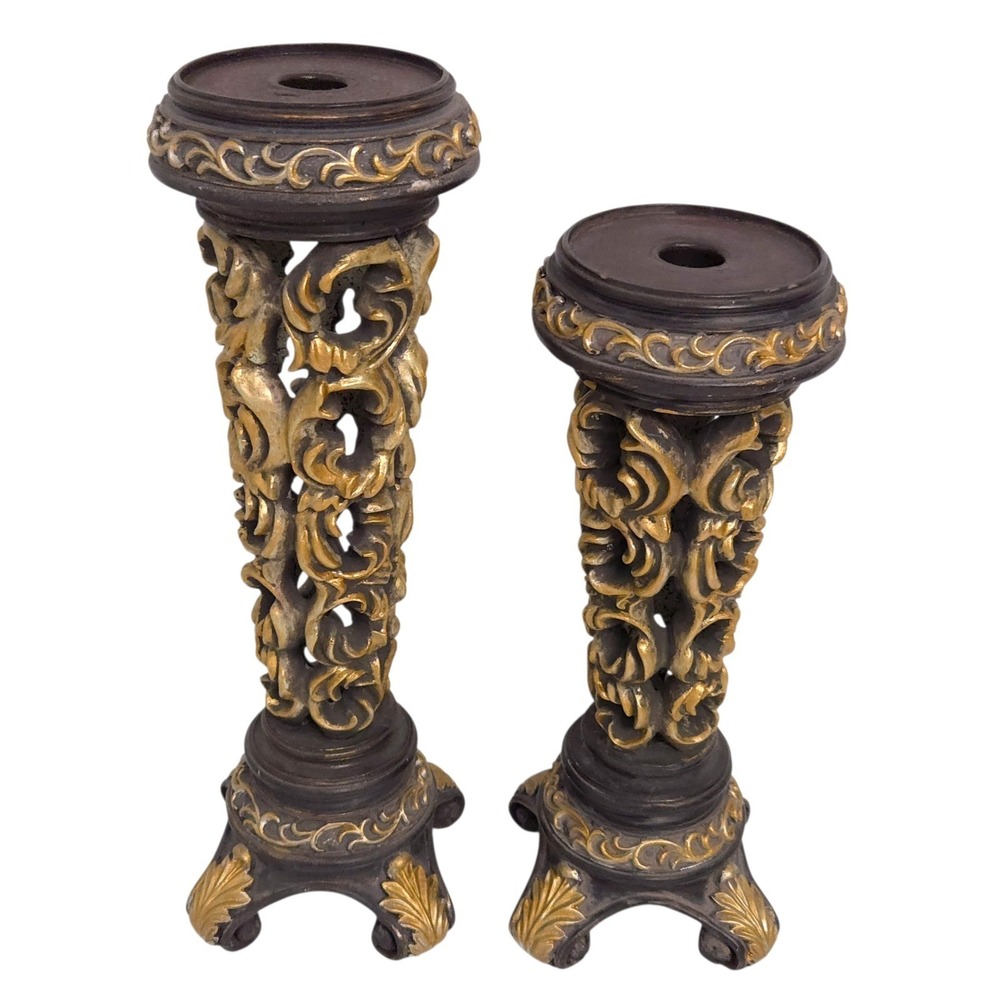 Brown & Gold Ornate Carved Scroll Pillar Candle‎ Holders (Set of 2)